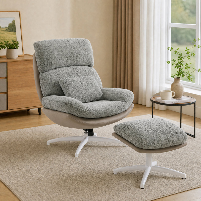 Fauteuil pivotant avec repose-pieds, fauteuil de lecture à dossier haut en chenille pour salon ou chambre, Gris clair