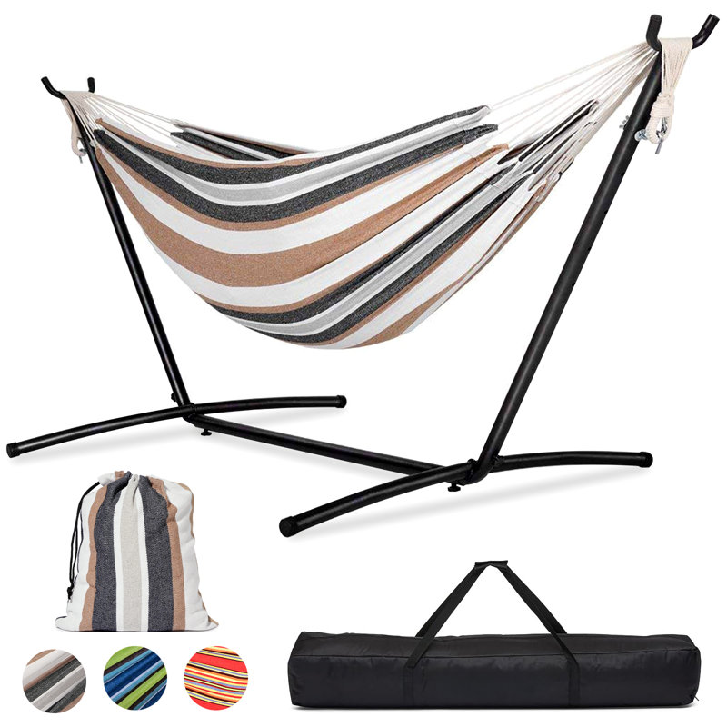  Double Canvas Hammock with Steel Stand with Storage Bag for Indoor/Outdoor Garden, Patio, Deck, Yard & Balcony, Blue, Blue