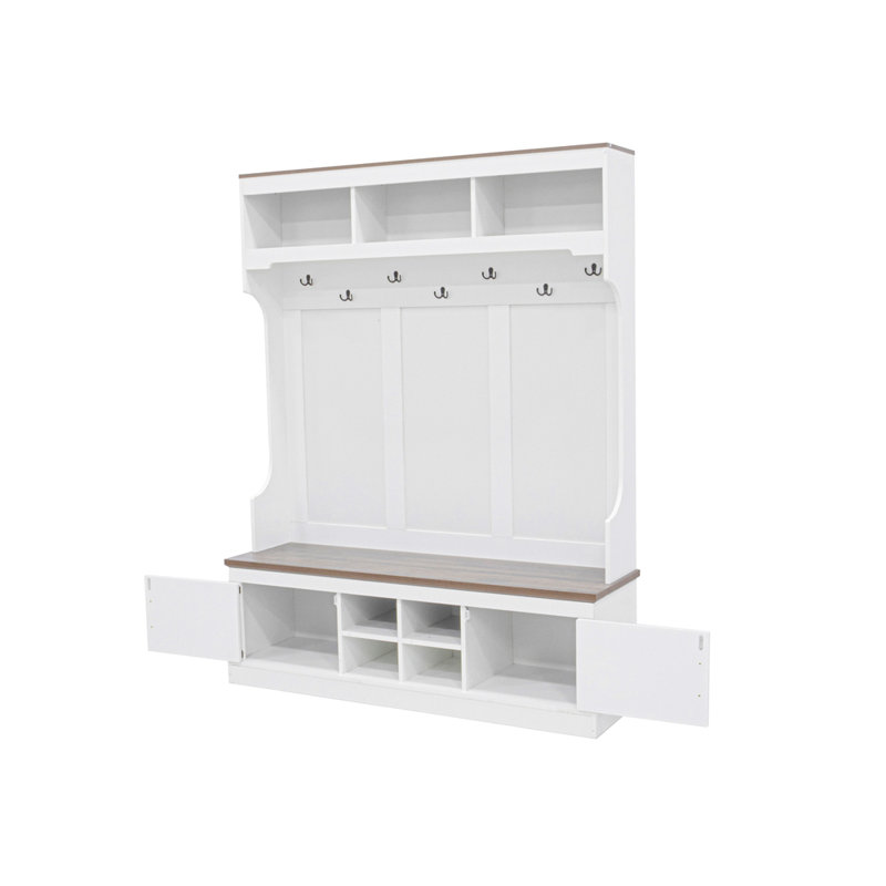 Arbre d'entrée de style campagnard avec banc et rangement pour chaussures, rangement d'entrée 5-en-1 moderne avec portemanteau, casiers et crochets