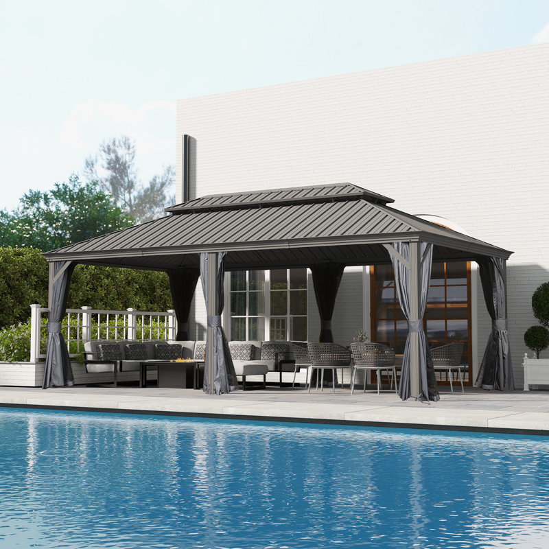 22 Ft. W x 14 Ft. D Galvanized Steel Patio Gazebo with Double Roof, Gray, Matte Black