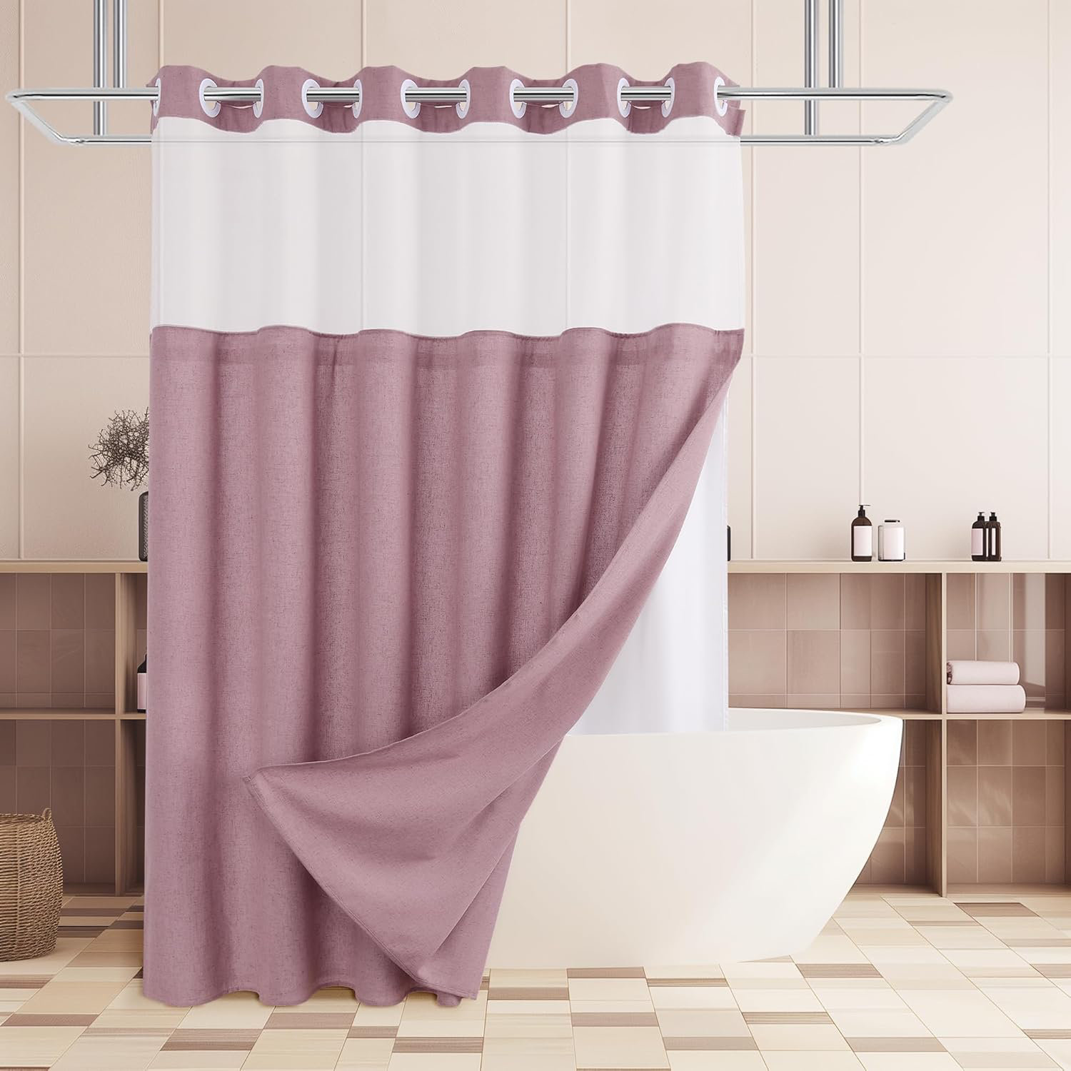 Latitude Run® Linen No Hook Shower Curtain And Liner, No Hooks Shower