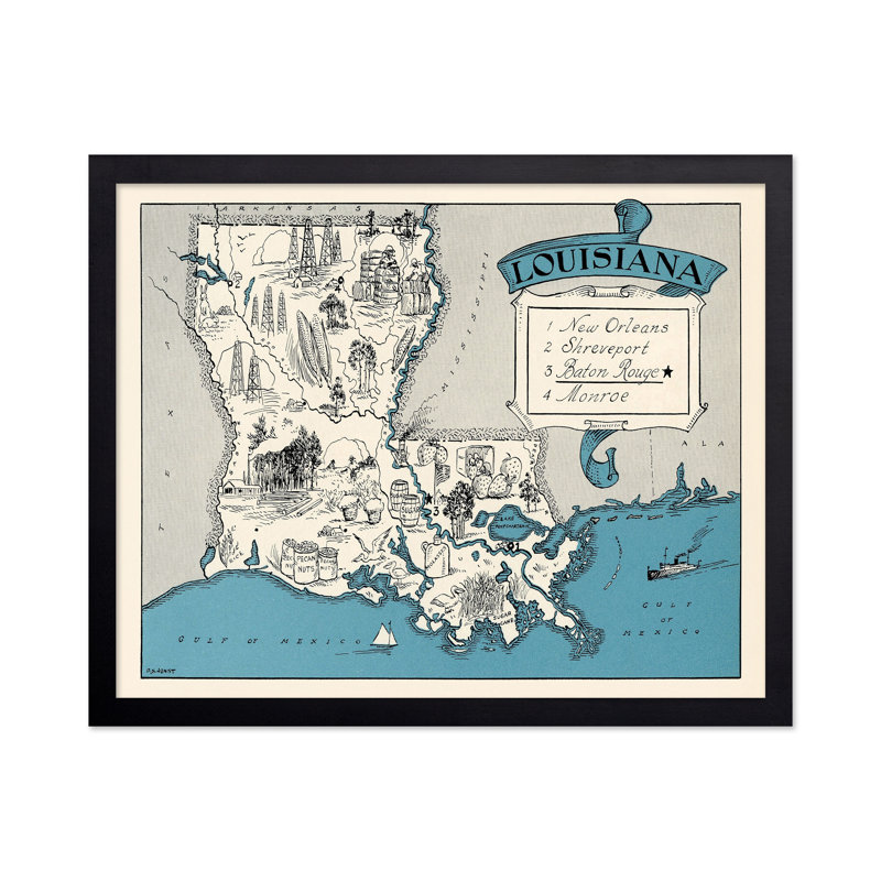 Carte illustrée de la Louisiane, H 16 po x l 20 po, Affiche, Sans cadre