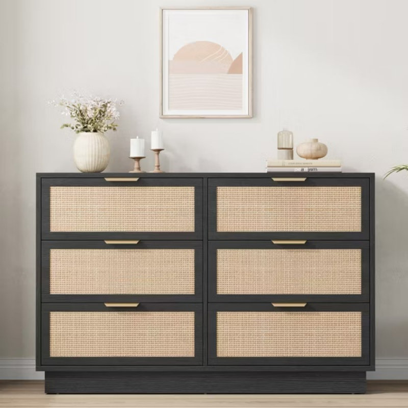 6 Drawer Rattan Dresser, Wide Chest with Metal Handles and Solid Wood Base, Storage Organizer for Bedroom, Living Room, Black