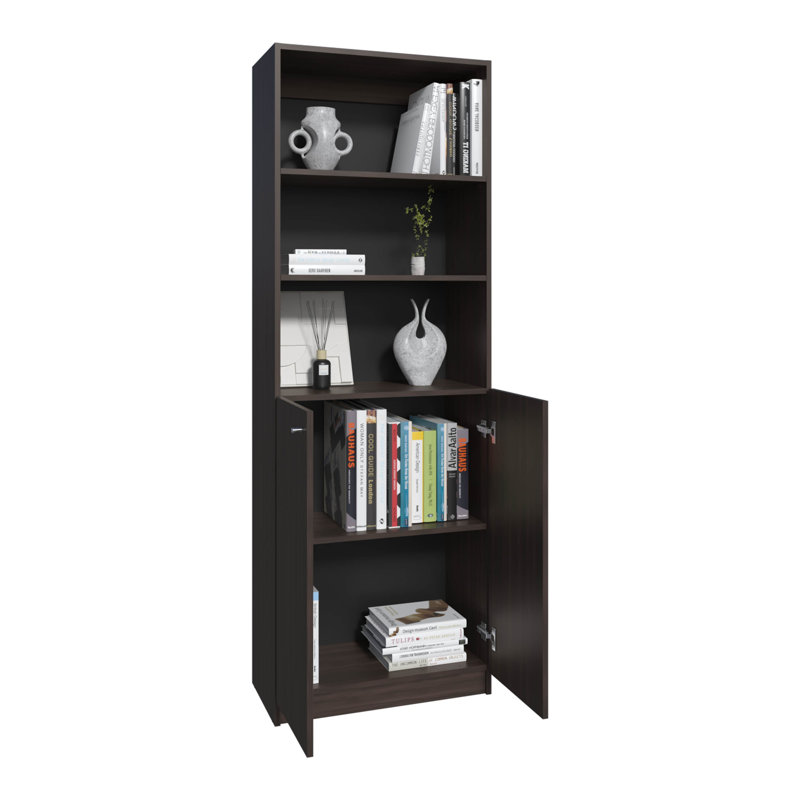 Bibliothèque 2 portes à panneaux de particules, présentoir multi-pièces et étagères de rangement, brun ton bois avec rangement ouvert et fermé