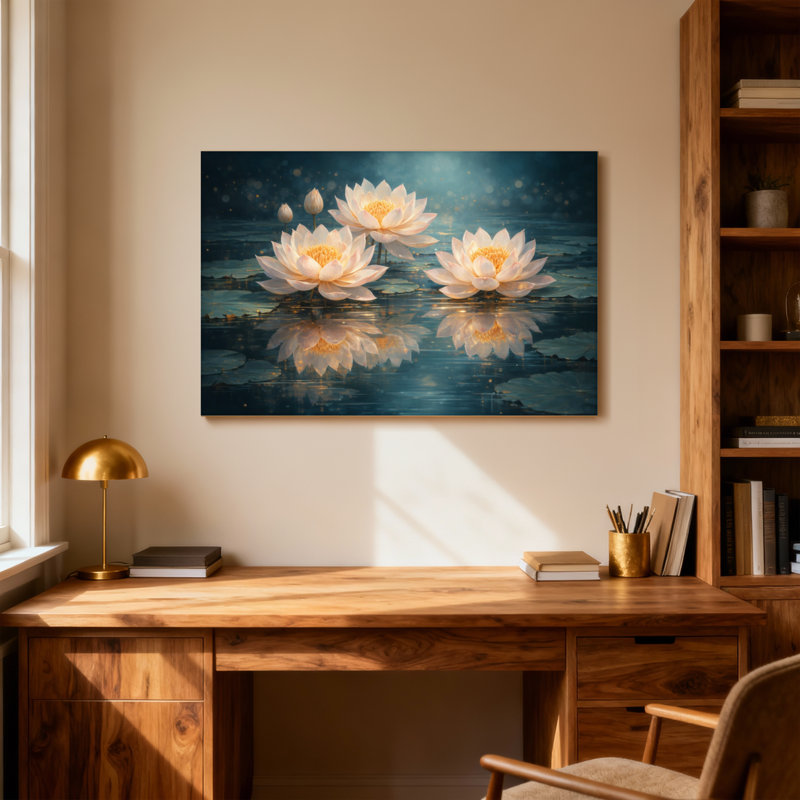 Plantes et fleurs Fleurs de lotus sur l'eau, reflets de nuit, H 24 po x l 36 po