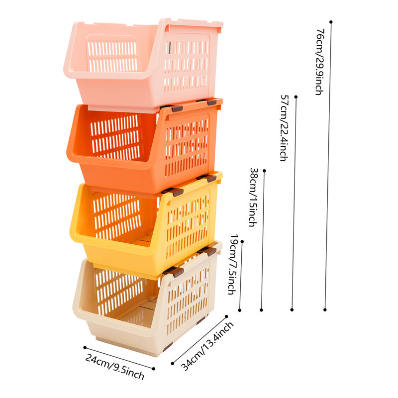 9.5" 4PCS Stacking Storage Baskets Rectangular Stackable Organizer Storage Bins Modern, Beige;Yellow;Pink;Orange