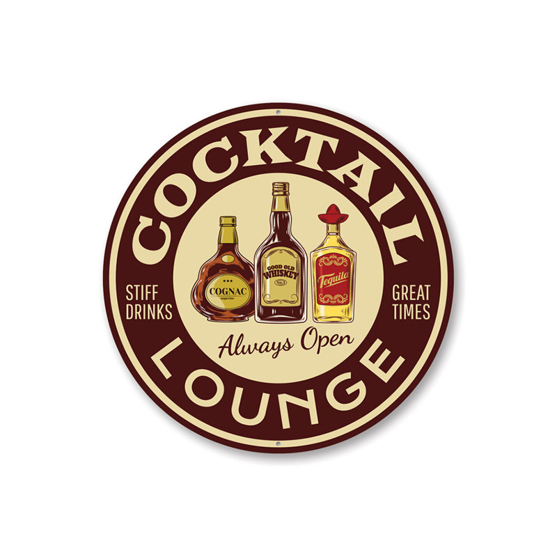 Enseigne en aluminium Cocktail Lounge Always Open, H 18 po x l 18 po x P 0,06 po