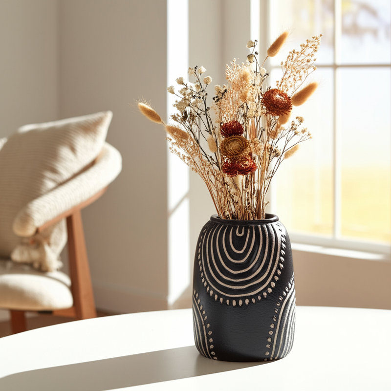 Vase de table Modern, H 9 po x l 7 po x P 7 po, Noir à motif d'arche