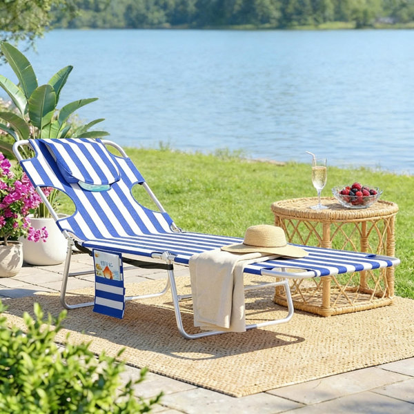 Blue Stripes Silver Folding Tanning Lounge Chair, 72.8"x21.7"x11.4", Face Cavity, 5-Position Backrest, 264 lbs Capacity