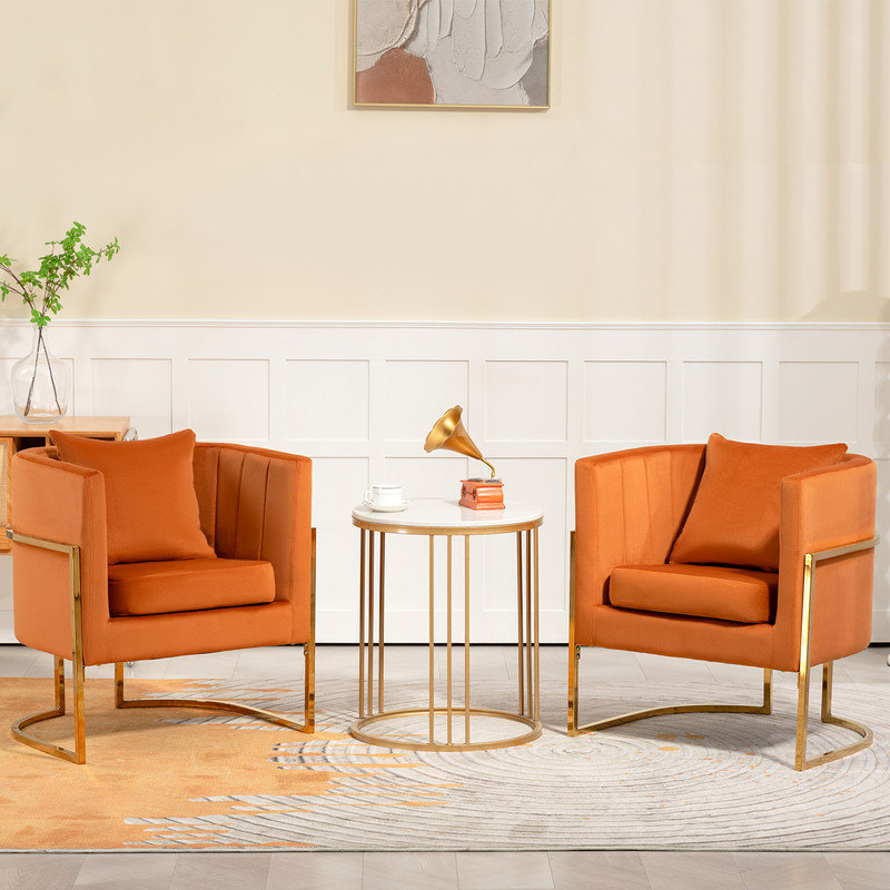 Fauteuil d'appoint demi-tonneau en velours avec coussin, Orange