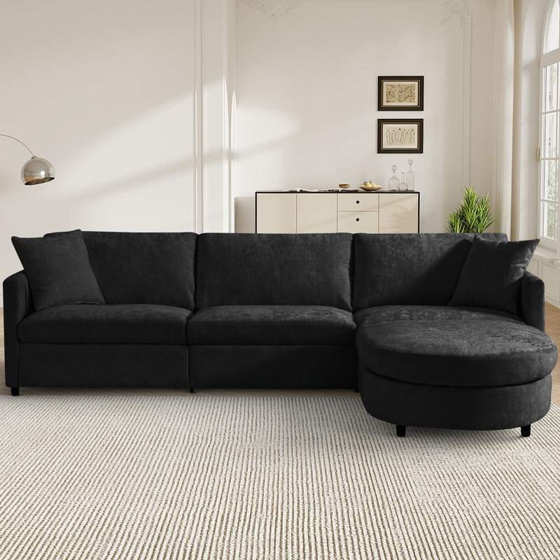 2 - Piece L-Shaped Sectional Sofa with Curved Ottoman, Black Chenille