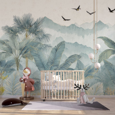 Misty Tropical Mountain Landscape Wall Mural | Sage Green Palm and Birds Wallpaper | Non-Woven or Peel and Stick