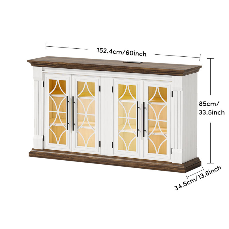  60" Wide Sideboard Buffet With Outlet & Led , Farmhouse 4 Doors Credenza Storage Cabinets With Adjustable Shelves，White&Brown