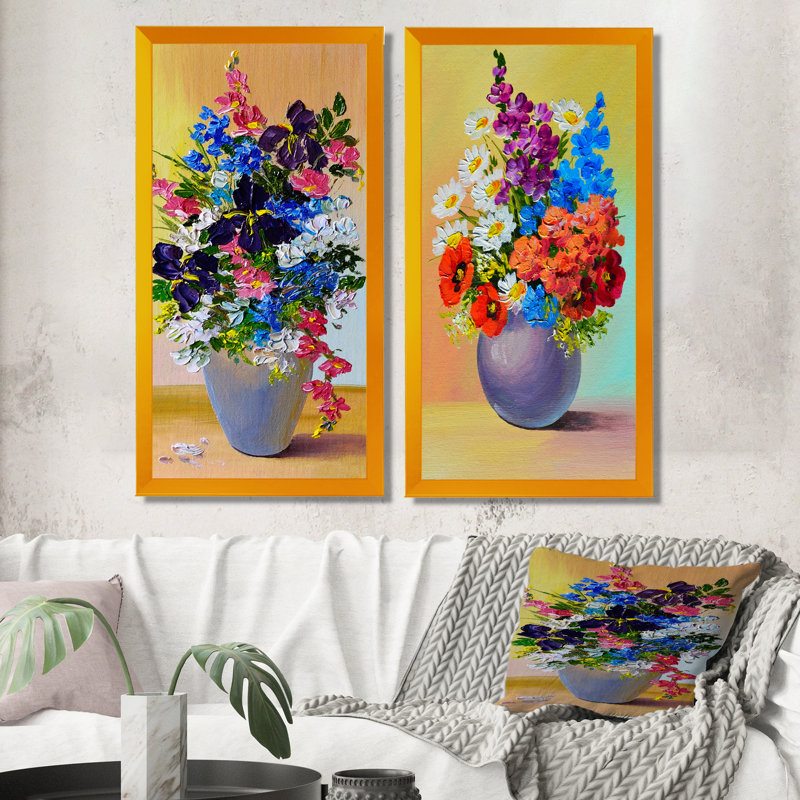 «Still Life Summer Flowers Bouquet II», ensemble de 2 peintures sur toiles, 20" H x 24" W x 1" D, Cadre photo doré