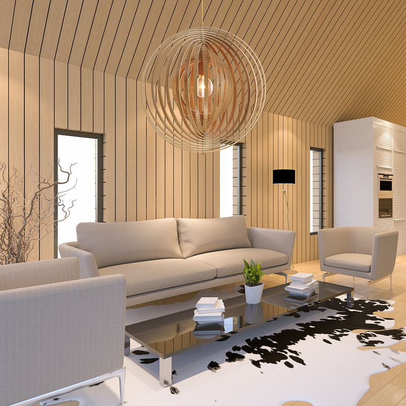 Large Natural Wood Globe Pendant Light with Dimmable LED