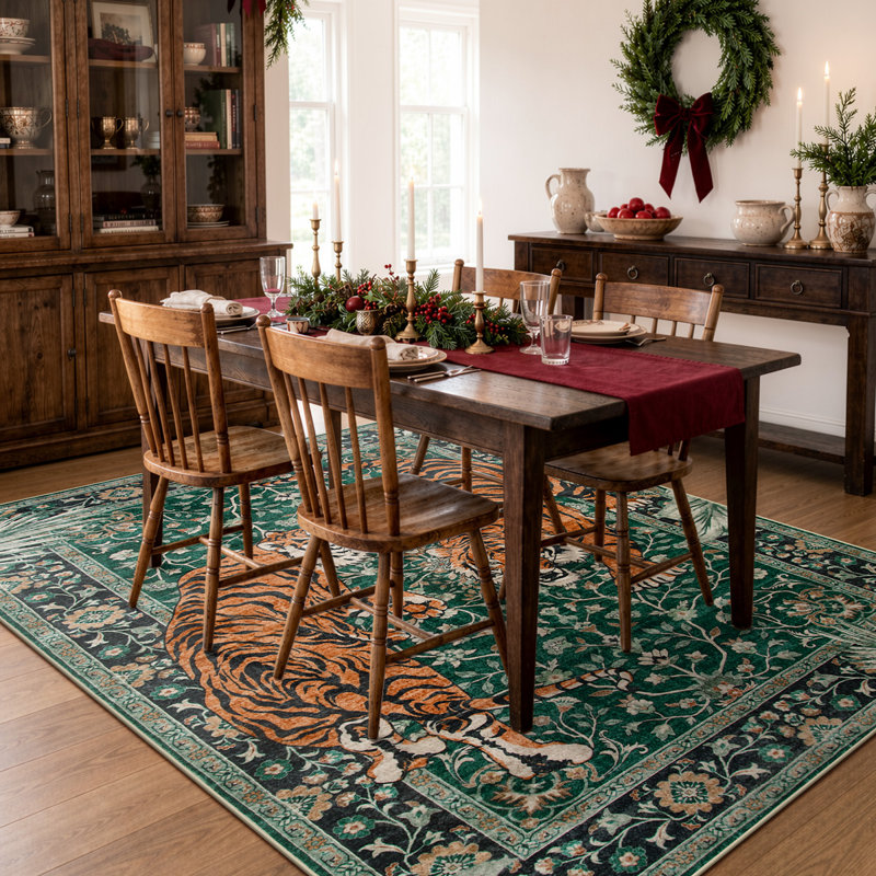 Goldene Oriental Tiger Vintage Washable Area Rug - Soft Cashmere Carpet for Living Room, Bedroom, or Office, Dark Green