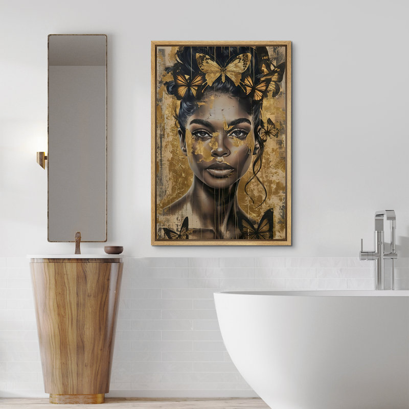 "Elegance Gold Butterfly", Portrait d'une femme afro-américaine, impression sur toile encadrée, Encadré naturel