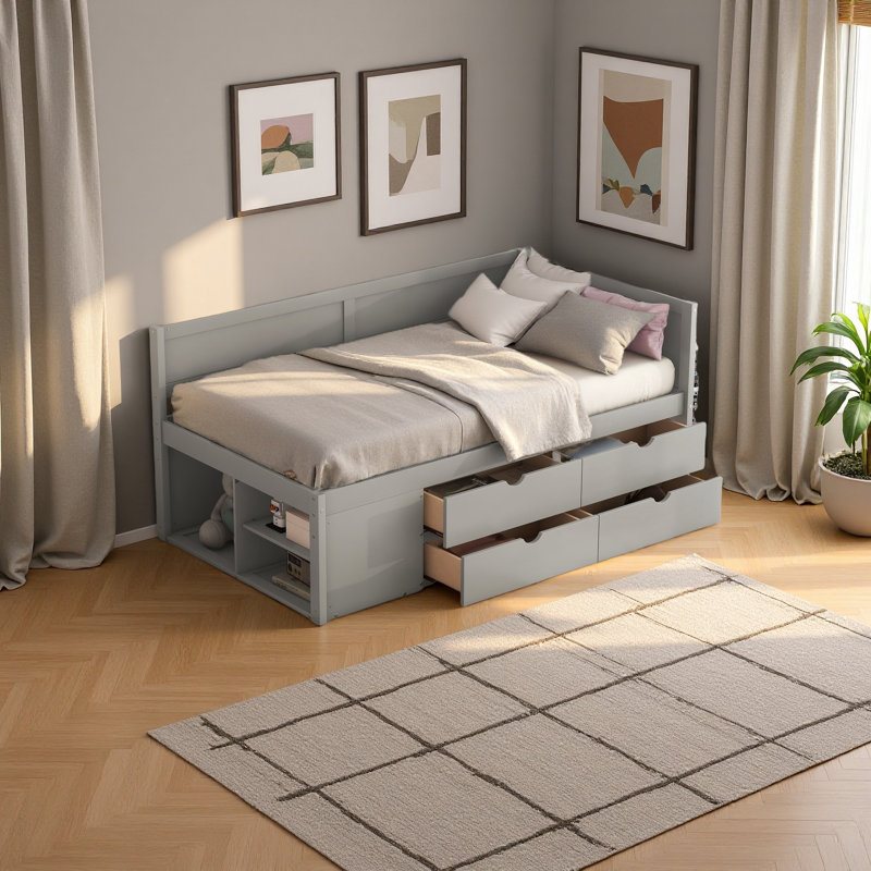 Lit de jour avec tiroirs et tablettes, Lit simple, Gris