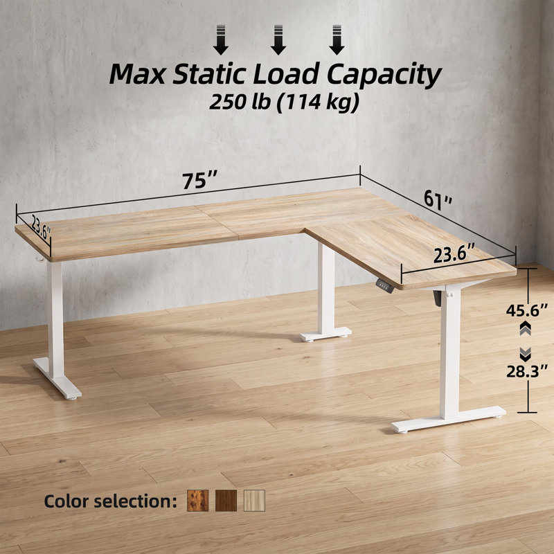 Bureau électrique réglable en hauteur en forme de L avec panneau de jonction, 190 x 155 cm, érable, 75 po x 61 po, Érable