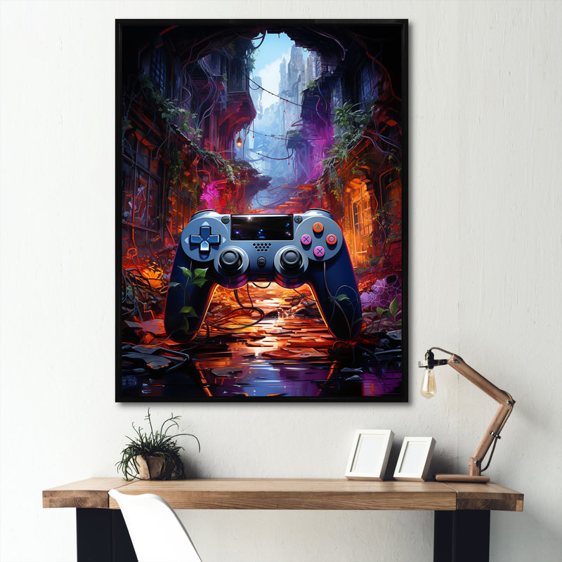 Neon Video Game Controler Haven II - Jeux vidéo, art mural, Cadre flottant noir, H 20 po x l 12 po x P 1 po