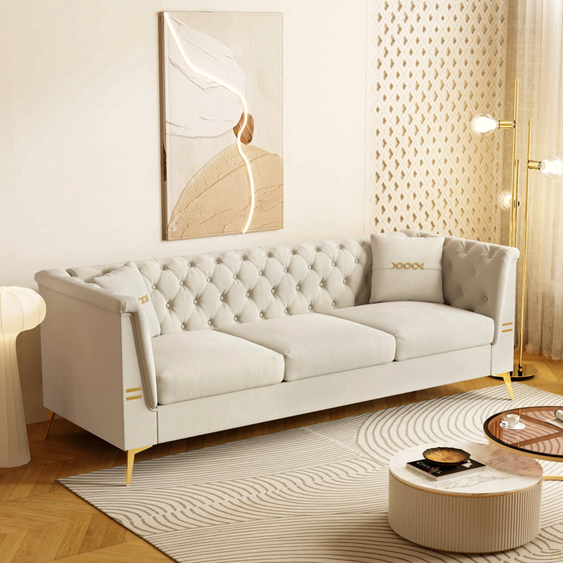 Velvet 3-Seater Sofa, Cream White