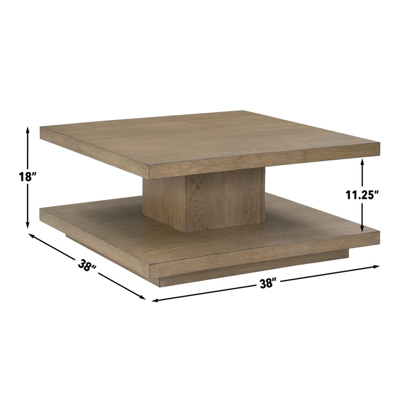 Maricelys 38" Square Oak Wood Coffee Table with Shelf and Casters, Brown