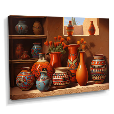 Mexican Terracotta Vases Orange Flowers - Floral Window Wall Art Decor