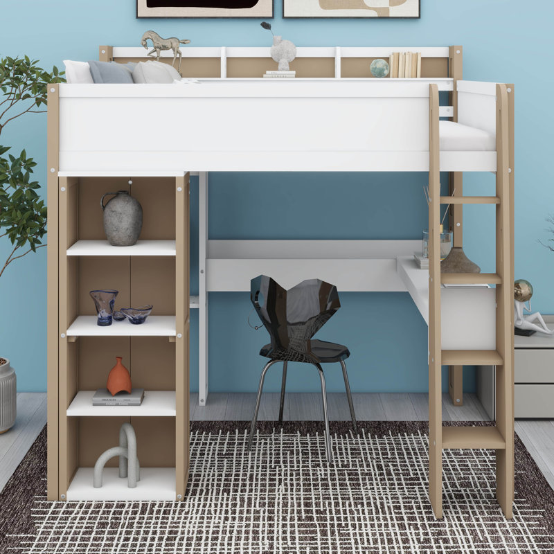 FUll Size Loft Bed With Storage Shelves, Clothes Rails, Desk, White/Natural