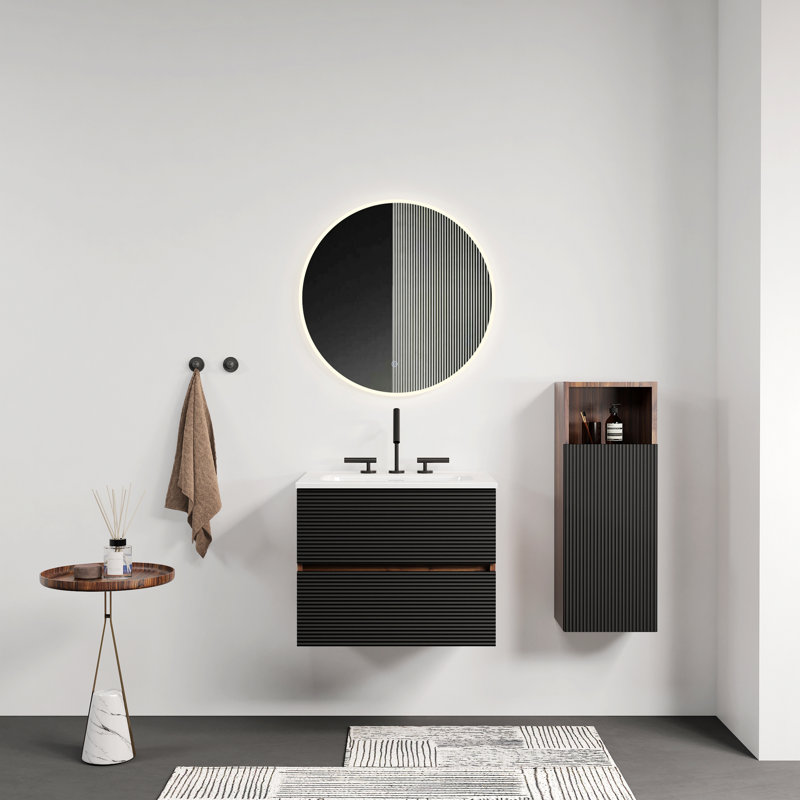 Meuble-lavabo mural avec lavabo en céramique intégré pour salle de bain moderne, 19.6 "H x24.05"W x 18.34"D, Black+Brown