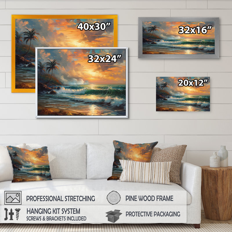 Orange et vert bord de mer Serenity II - art mural plage, salon, H 24 po x l 32 po x P 1 po, Encadrement doré