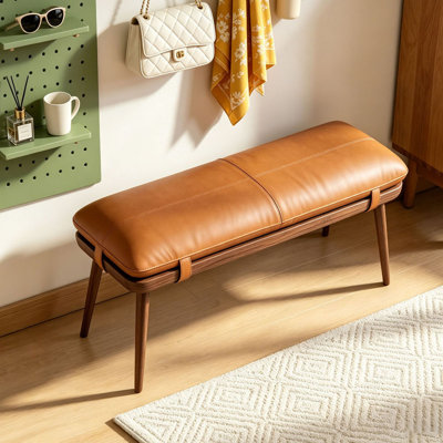 Banc rembourré en cuir véritable brun