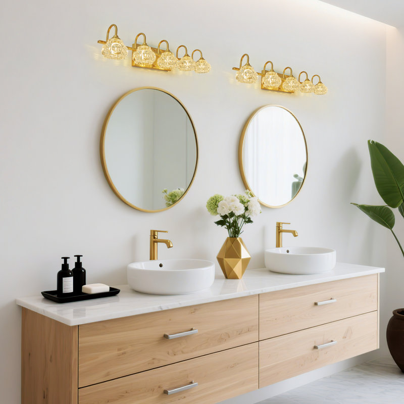 Éclairage de salle de bain 5 lumières à intensité variable dorée avec abat-jour en cristal pour salle de bain, salle d'eau et miroir de meuble-lavabo
