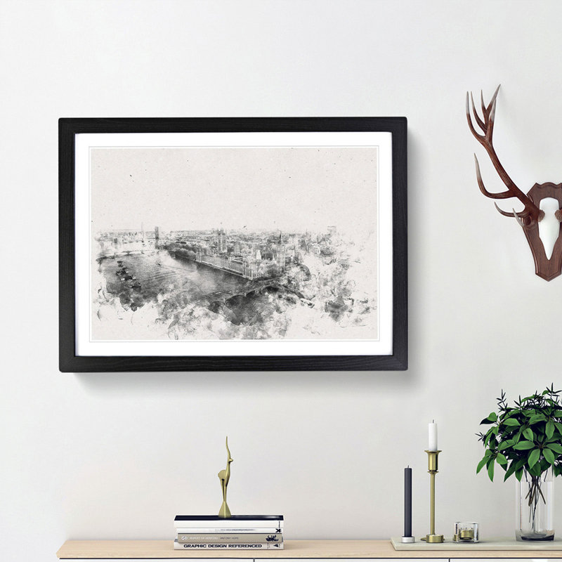 London City Skyline Watercolour - Picture Frame Graphic Art Print, Black Framed, 24cm H x 33cm W x 2cm D