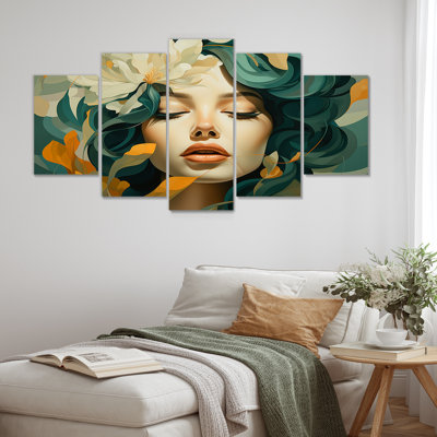 Femme verte et blanche avec une fleur sur le visage IV - Art mural floral femme