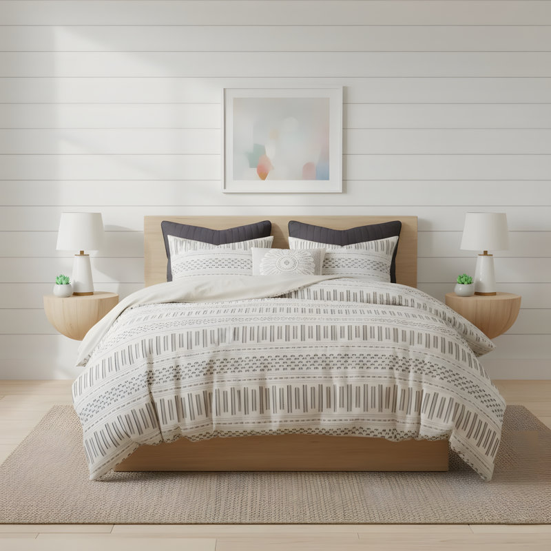 Cotton Jacquard Comforter 3 Piece Set, Queen Comforter + 2 Standard Shams, Ivory/Charcoal