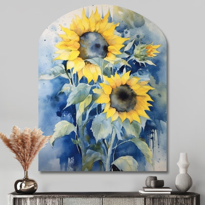 Yellow Blue Sunflower Golden - Arch Floral Metal Wall Art, Asymmetrical Metal Wall Sculpture Print