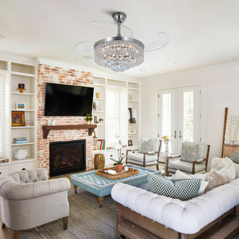 Modern 42" Ceiling Fan With Romote Control, Led Light Kit & Crystal Accents