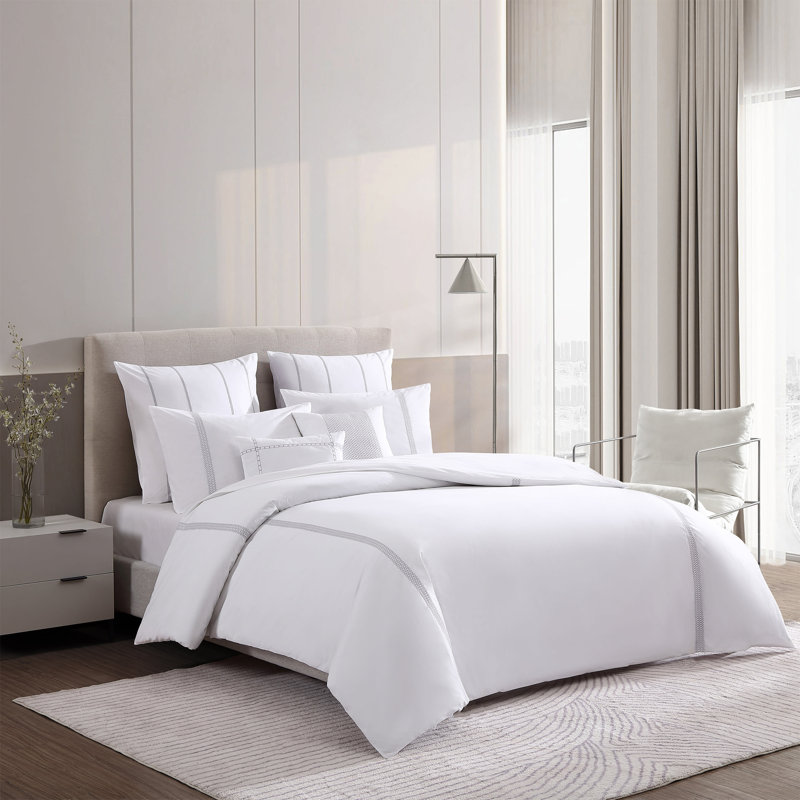 Lattice Solid White Standard Cotton Reversible 7 Piece Duvet Cover Set, King Duvet+2King Shams+2Euro Shams+2ThrowPillows