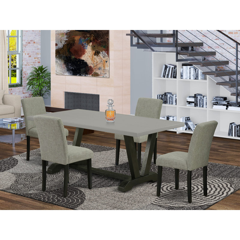 Ensemble de table de salle à manger 5 pièces - 4 chaises Shitake Parson à dossier haut et table de salle à manger moderne en ciment - Finition noire brossée