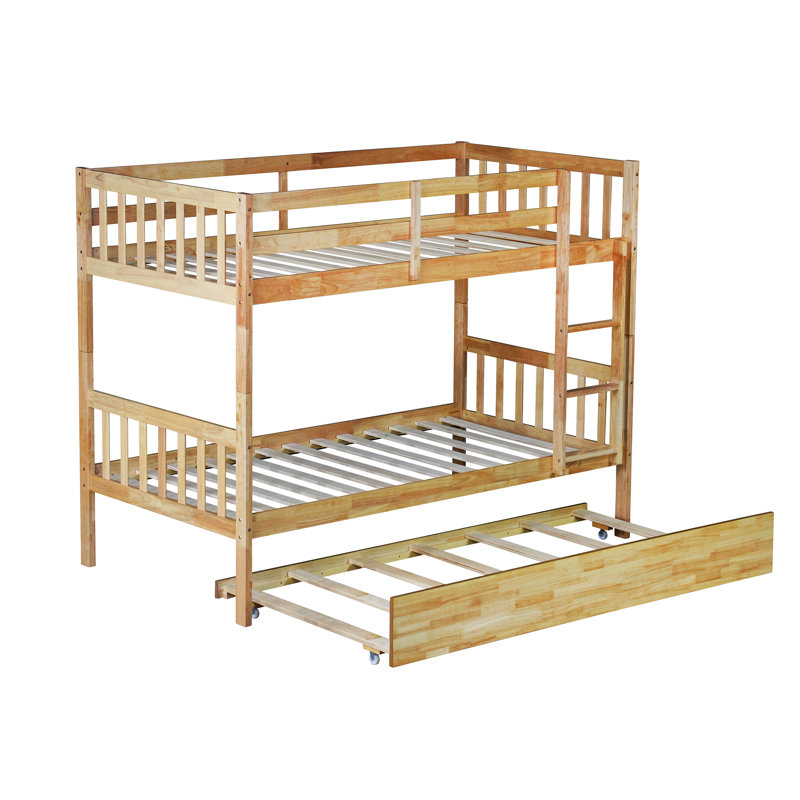 Lit superposé simple au-dessus de simple en bois massif avec lit gigogne et échelle, convertible en 2 lits simples et 1 lit gigogne simple