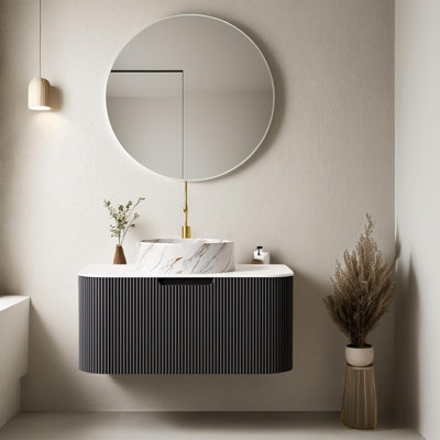 Floating Bathroom Vanity with Sink,Ceramic Basin and Marble Countertop, No Assembly Required