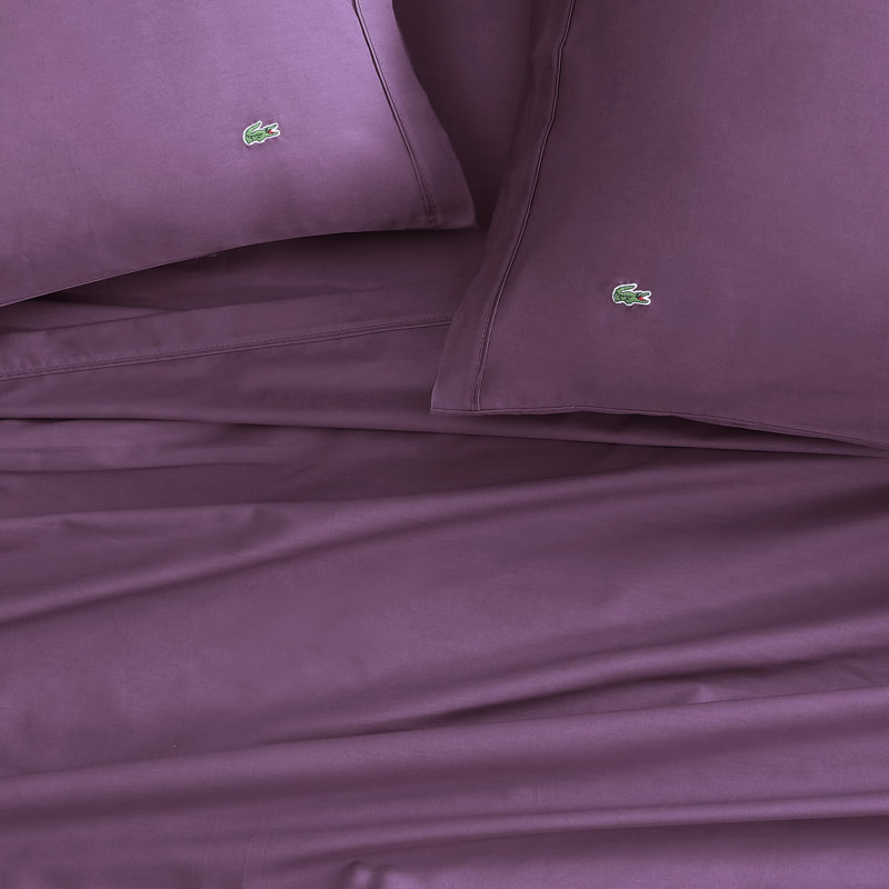 Lacoste Cotton Percale Sheet Set, Cooling & Breathable Bedding, Deep Pocket Fitted Sheet, Plum, Cal King, Plum