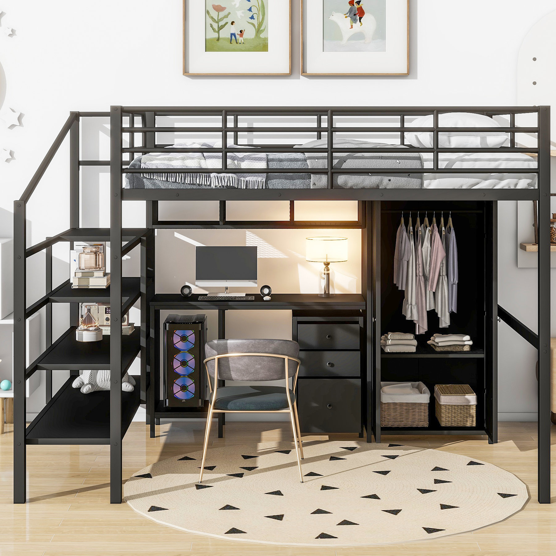 Wrought Studio™ Metal Loft Bed With Table & Wardrobe, Full, Black ...