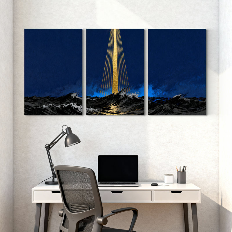 Night Sky Bridge Waves Reflection Gold Light, ensemble de 3 impressions sur toile, H 18 po x l 36 po