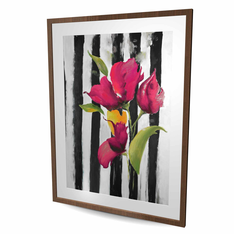 Fleurs sur rayures noires et blanches | Reproduction encadrée avec passe-partout
