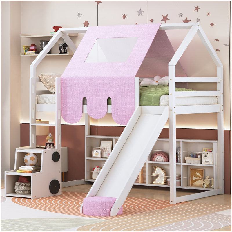 Lit mezzanine en bois simple avec structure en forme de maison avec tente, blanc et rose