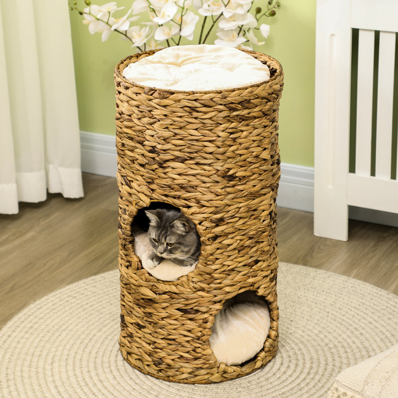 Lit pour chat avec trois emplacements cachés et quatre coussins moelleux - construction de jacinthe d'eau tissée à la main