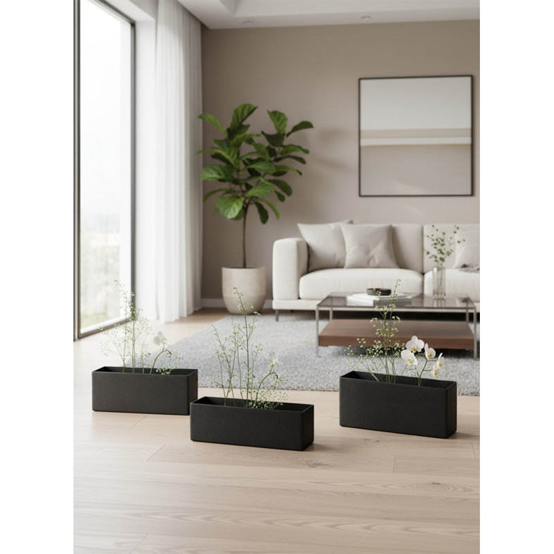  Boîte à fleurs noire rectangulaire légère, pot de fleurs moderne à finition mate avec trou de drainage et bouchon, auge extérieure résistante aux intempéries pour patio, balcon ou fenêtre, ensemble de 3