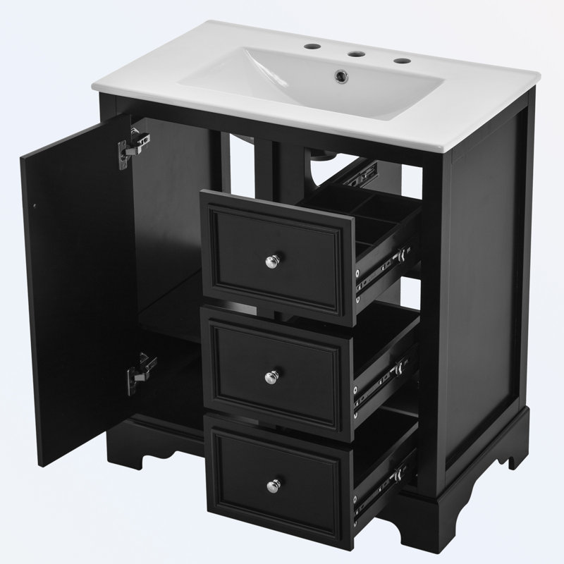 Meuble-lavabo de salle de bain avec lavabo en céramique, tablettes réglables, Noir