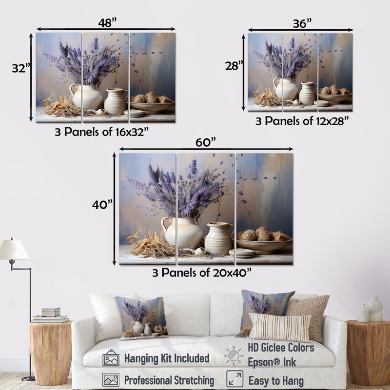 «Lavender Farmhouse Still Life - Floral Herbs», ensemble d'art sur toile, H 32 po x l 48 po x P 1 po